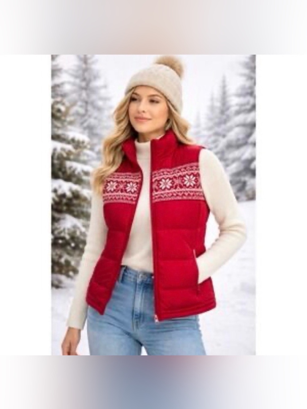 vintage Old Navy Fair Isle Snowflake Puffer Vest red and white size medium